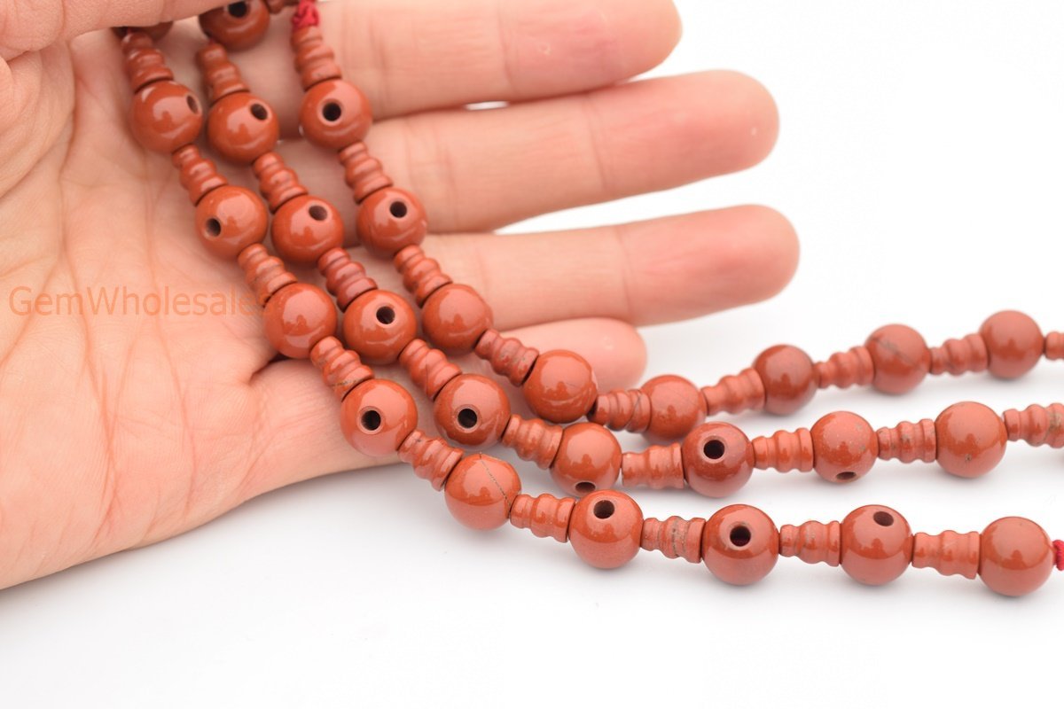 5 SETS 10mm Natural Red jasper T hole beads set, Guru Mala Cones Beads