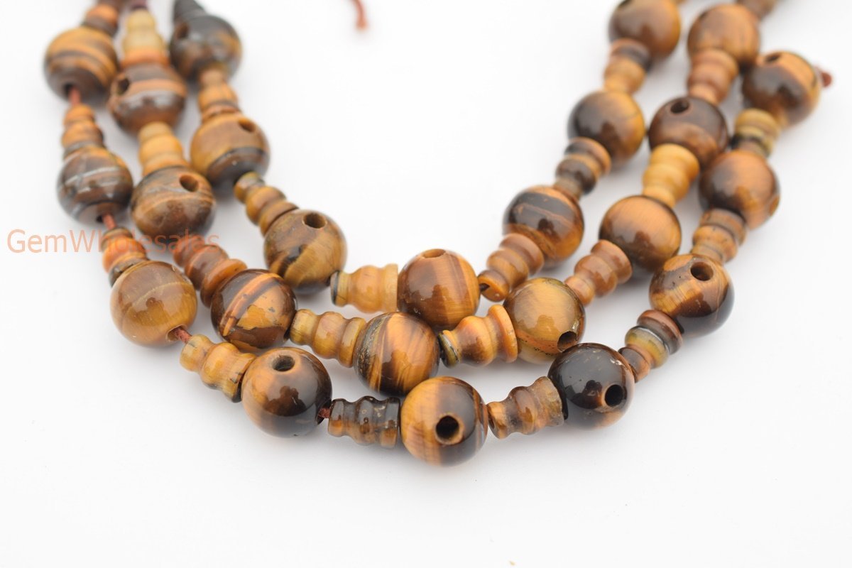 5 SETS 10mm Natural Yellow tiger eye T hole beads set, Guru Mala Cones Beads