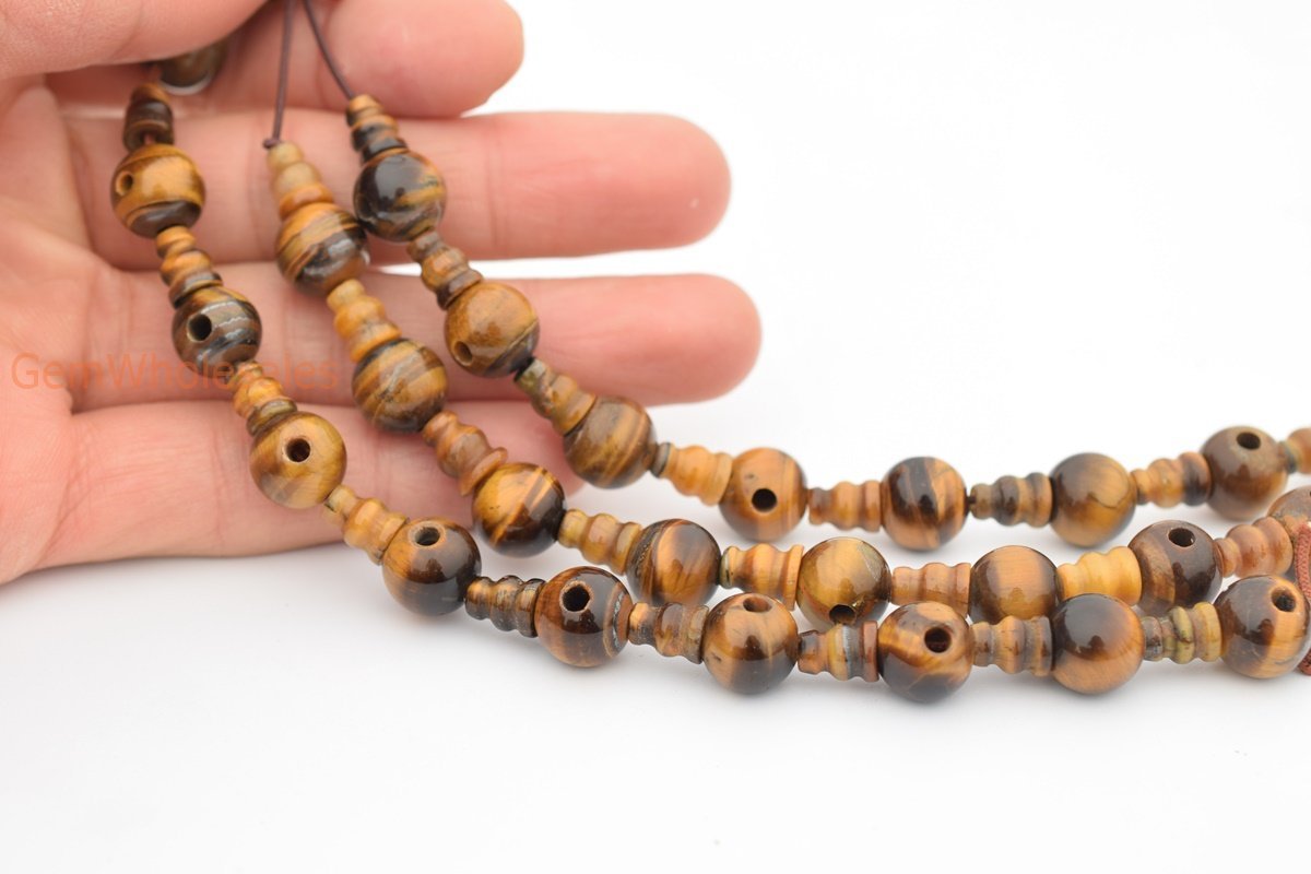 5 SETS 10mm Natural Yellow tiger eye T hole beads set, Guru Mala Cones Beads