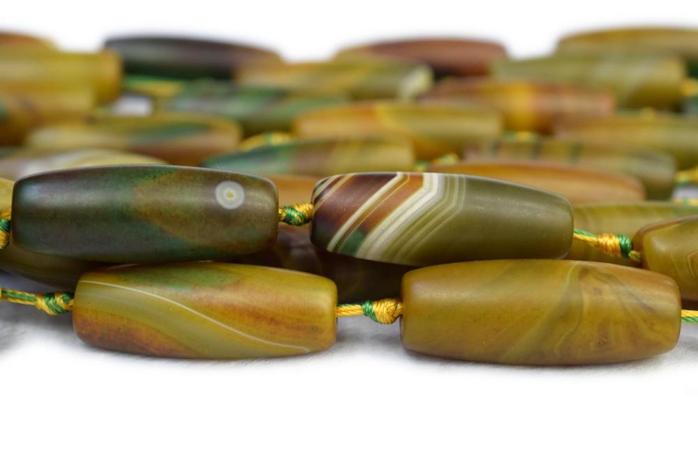 8PCS 14x40mm matte/frosted yellow green stripe Agate rice Gemstone beads