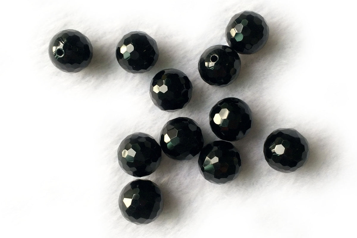 10pcs 10mm Black agate onyx half drilled round faceted single beads
