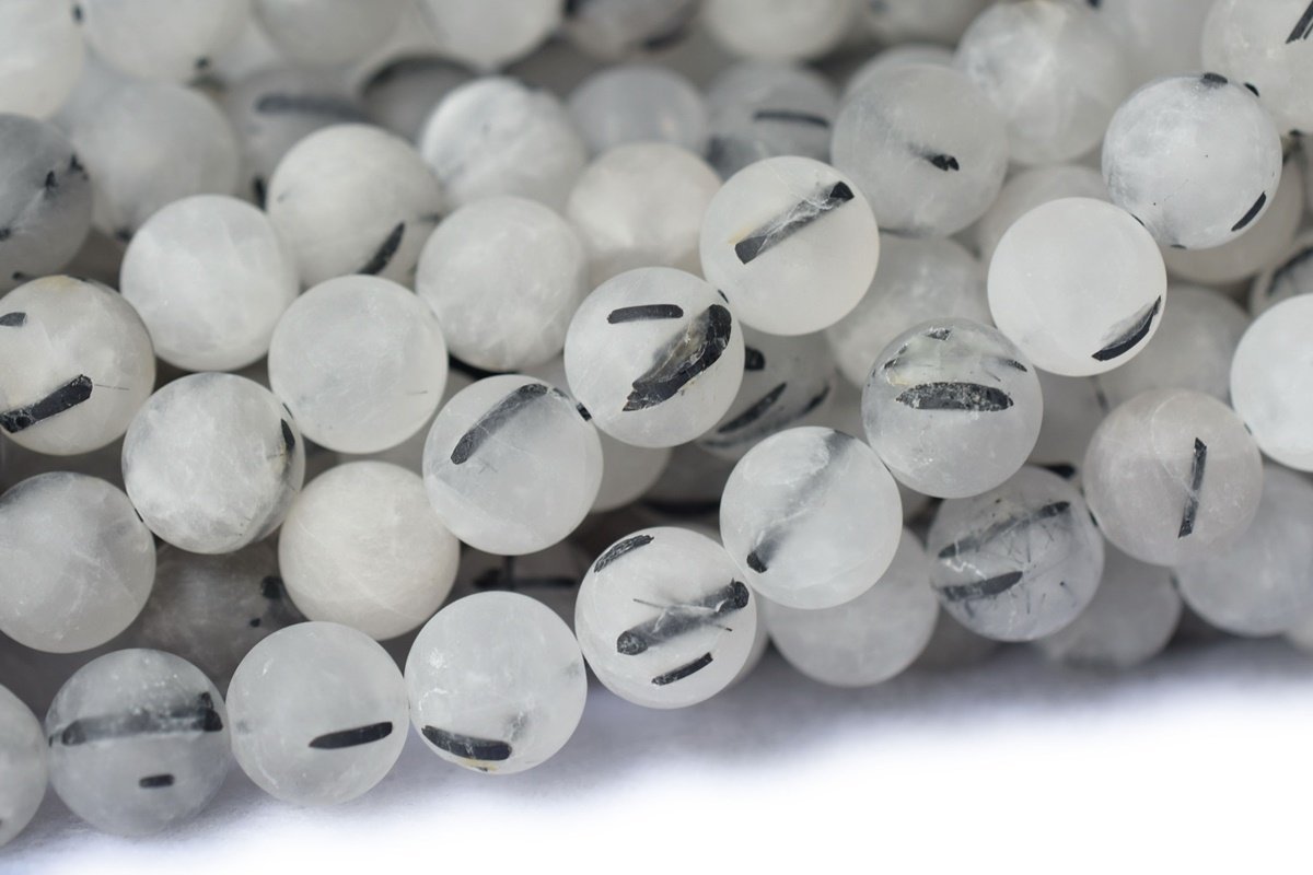 15.5" 10mm Natural matte/frosted black rutilated quartz round Tourmaline beads