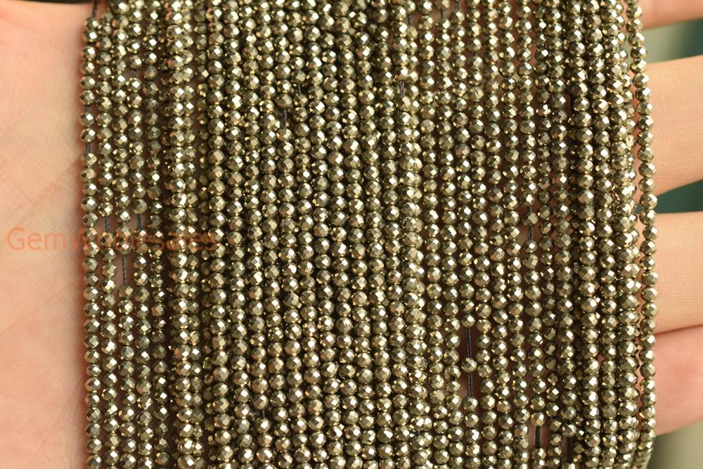 15.25" Natural Pyrite 2mm round faceted dark gold color stone beads