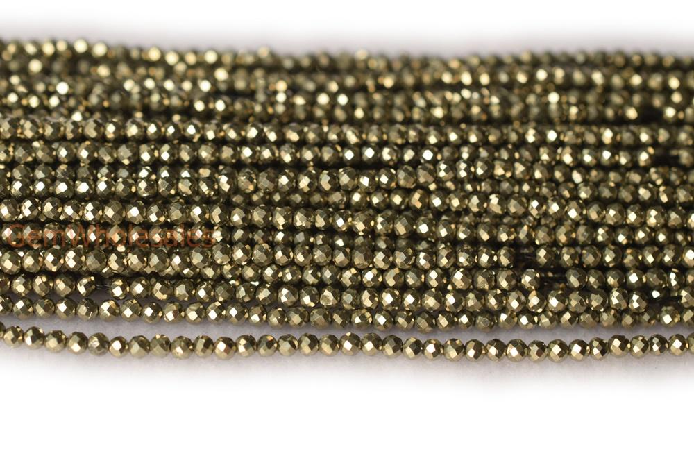 15.25" Natural Pyrite 2mm round faceted dark gold color stone beads