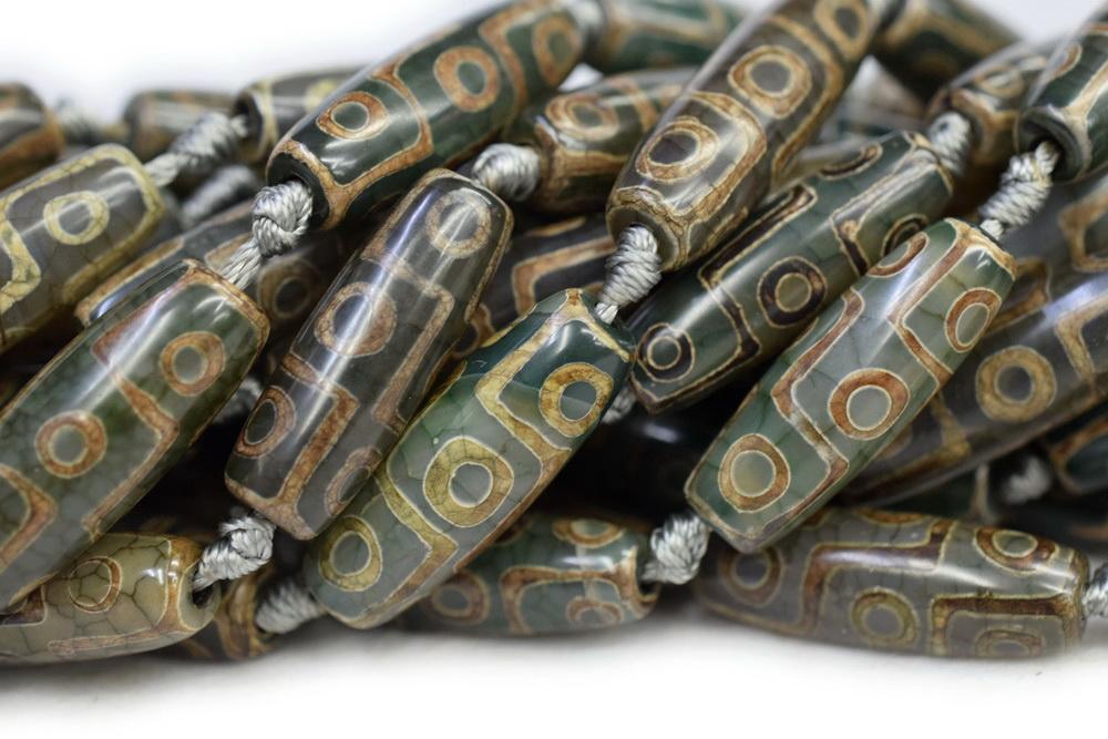 14" Antique green Bulk tibetan Dzi agate barrel/rice beads 10x30mm 9 eye