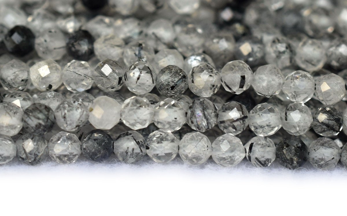 15.5" 3mm~4mm Natural black rutilated quartz round faceted beads