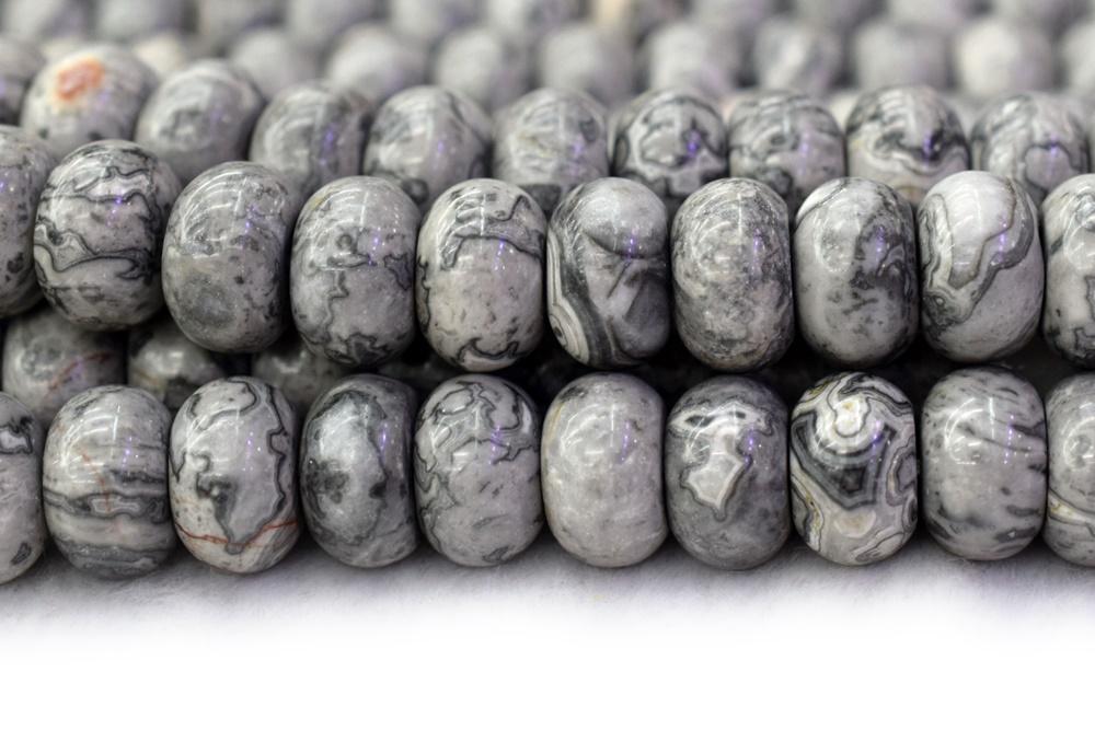 15.5" 8x12mm Natural grey map stone roundel beads, grey crazy lace jasper rondelle beads