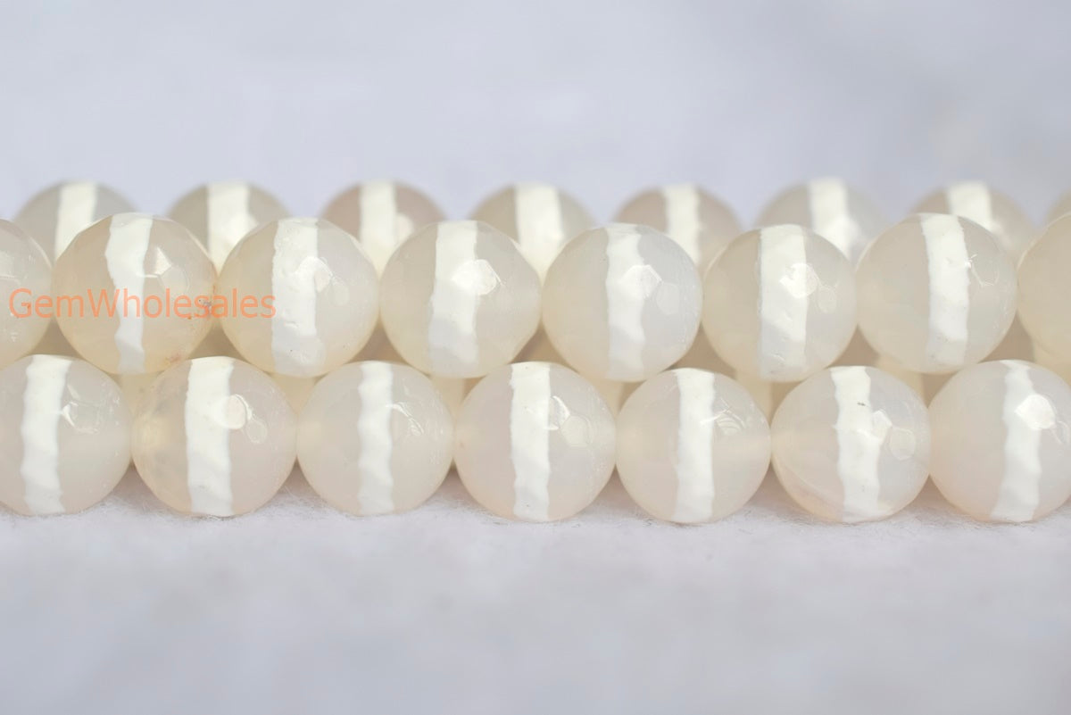 14.5" 10mm White Bulk tibetan Dzi agate round faceted beads, white line