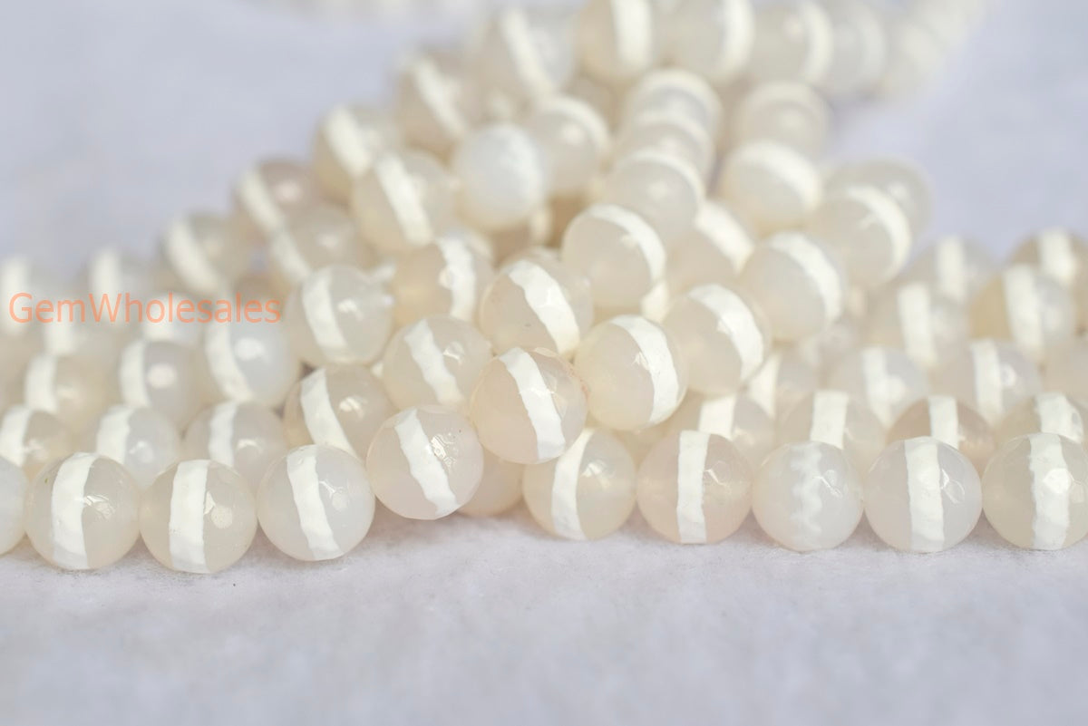 14.5" 10mm White Bulk tibetan Dzi agate round faceted beads, white line