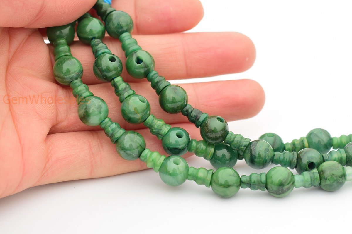 5 Sets 10mm Natural African Green Jade T hole beads set, Guru Mala Cones Beads