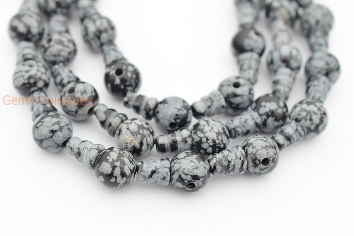 5 sets 10mm Natural Snowflake obsidian T hole beads set, Guru Mala Cones Beads