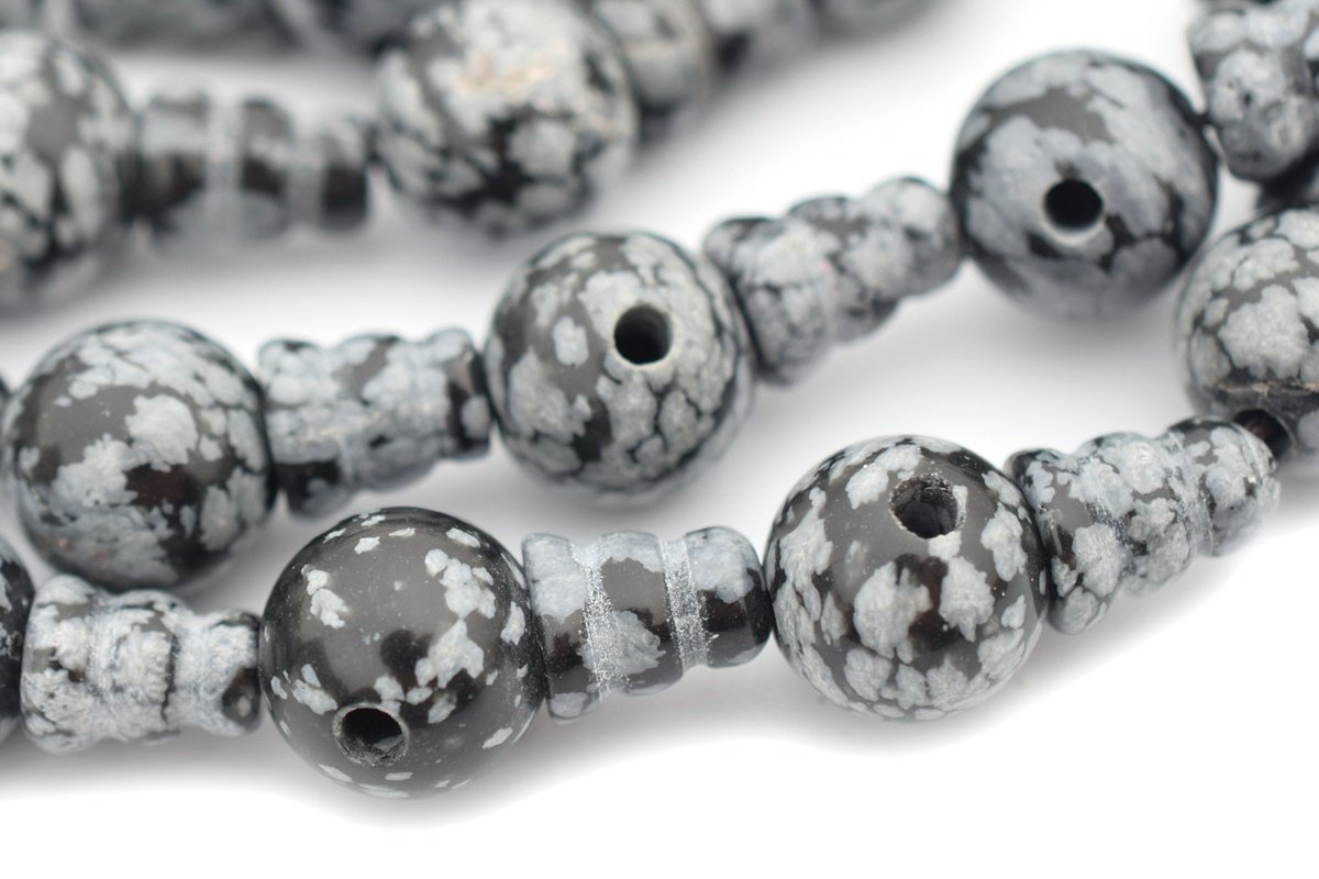 5 sets 10mm Natural Snowflake obsidian T hole beads set, Guru Mala Cones Beads