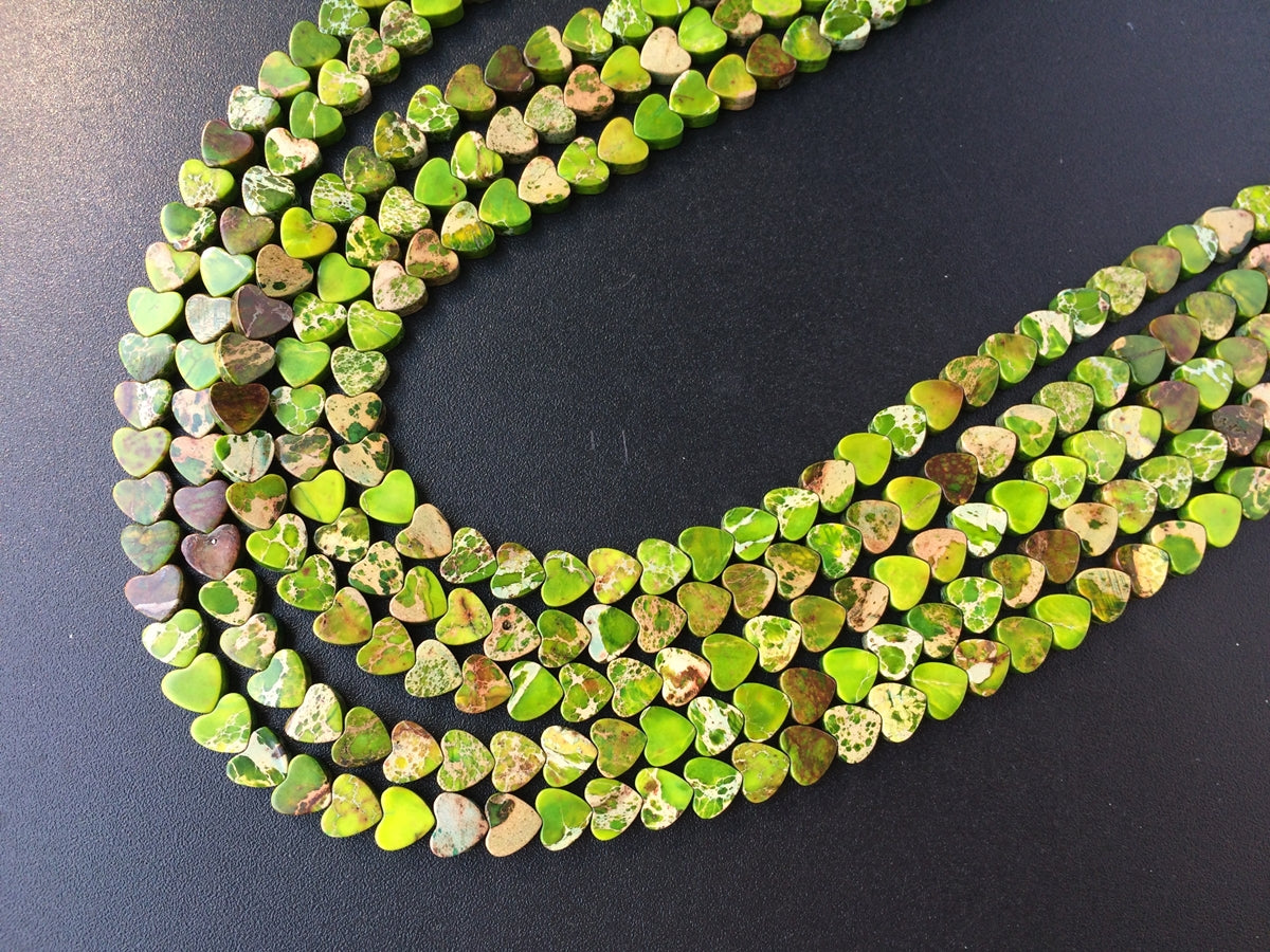 15.5" 6mm grass green Sea Sediment heart beads, emperor jasper heart
