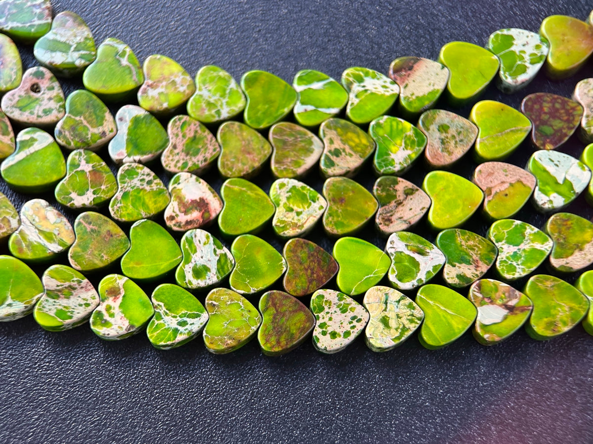 15.5" 6mm grass green Sea Sediment heart beads, emperor jasper heart