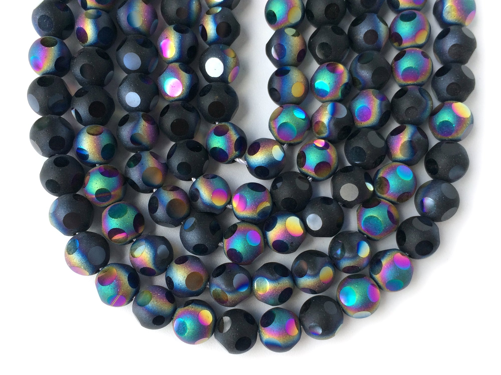 15" 8mm/10mm rainbow black glass football cutting round faceted beads