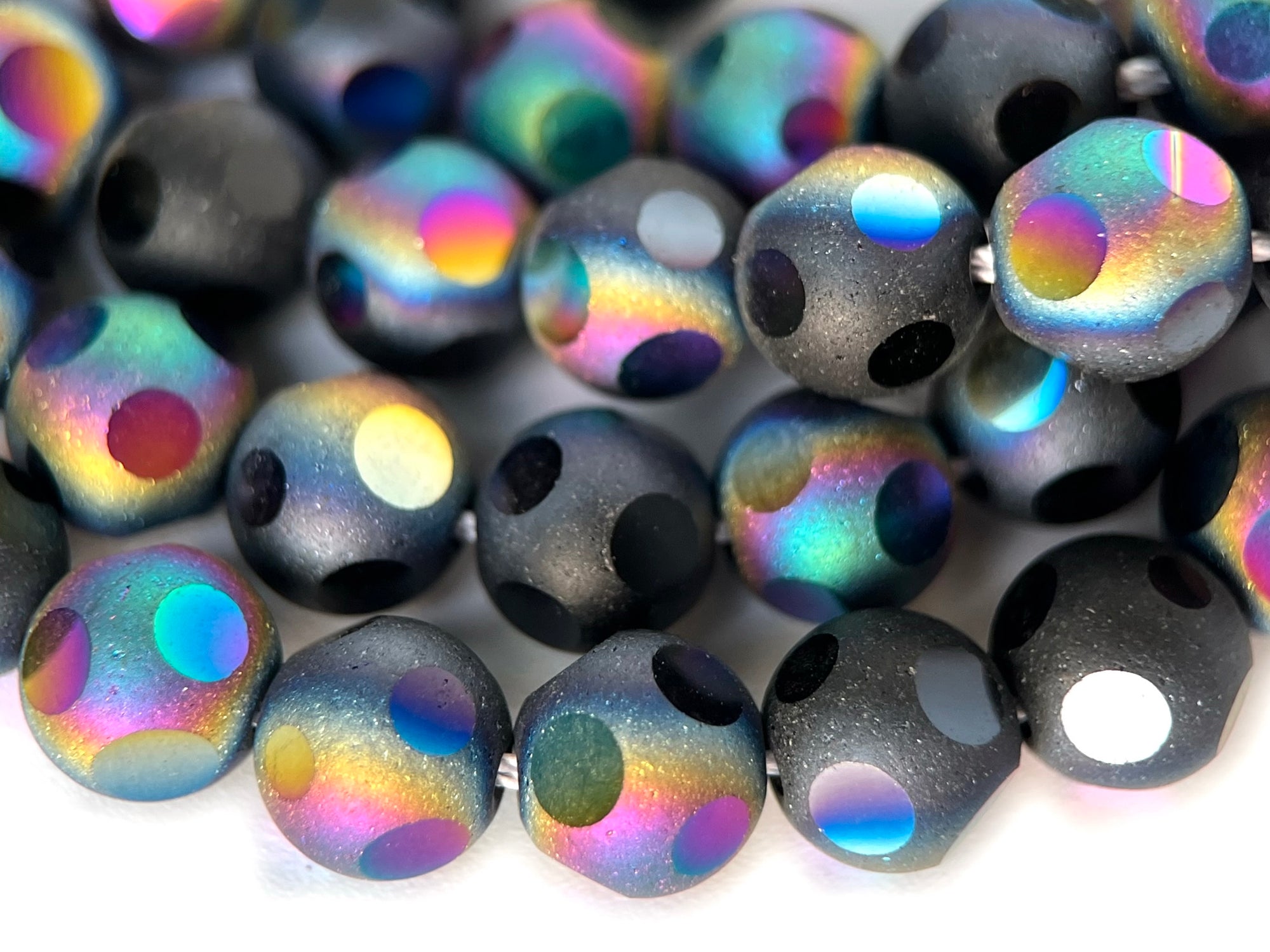 15" 8mm/10mm rainbow black glass football cutting round faceted beads