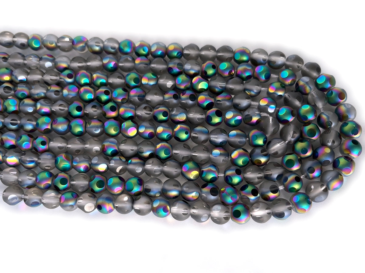 15.5" 8mm/10mm rainbow grey glass football cutting round faceted beads