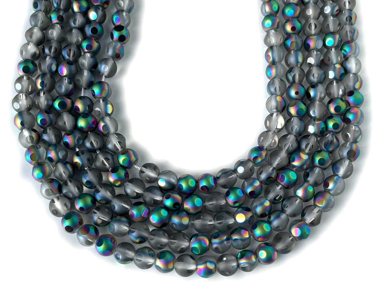 15.5" 8mm/10mm rainbow grey glass football cutting round faceted beads