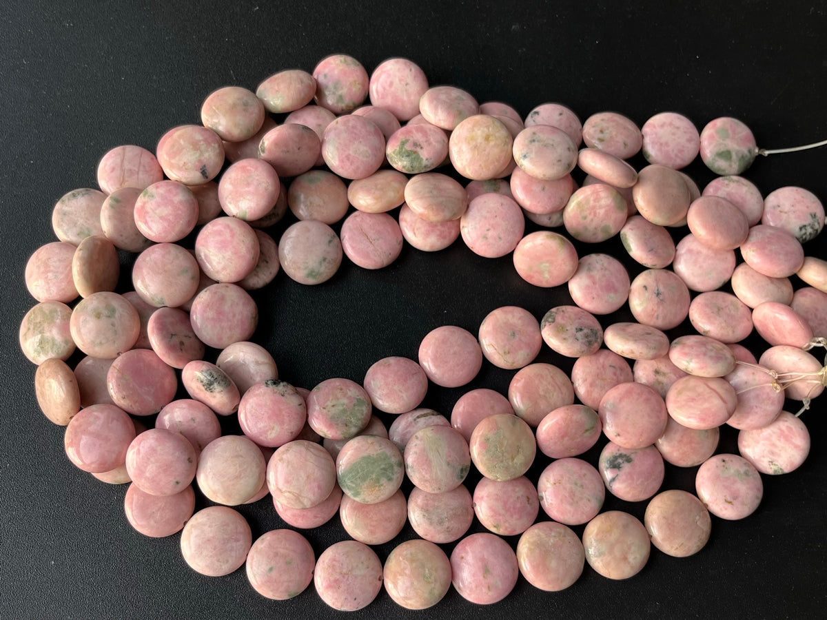 15.5" 16mm Peru rhodonite round coin beads, red semi-precious stone