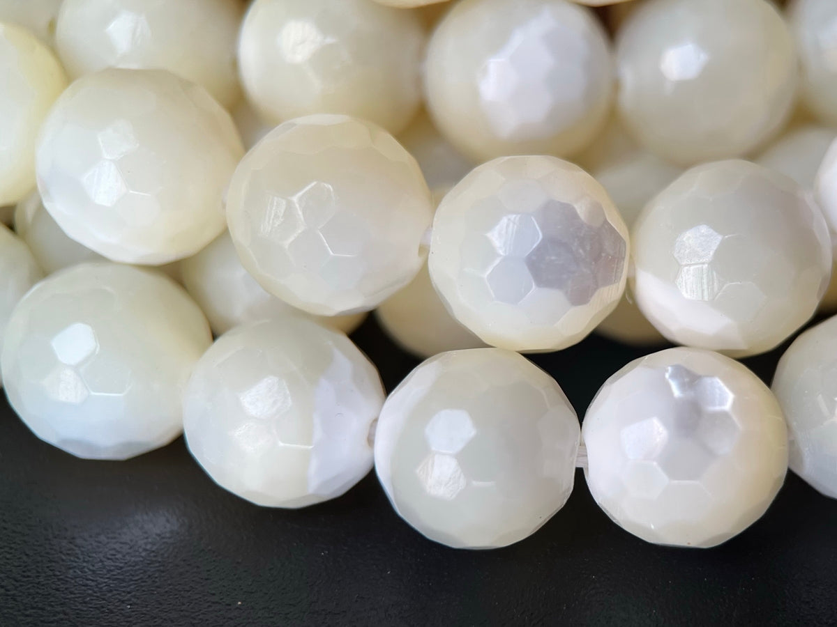15.5" 10mm Natural white MOP round faceted beads ,mother of pearl 128F