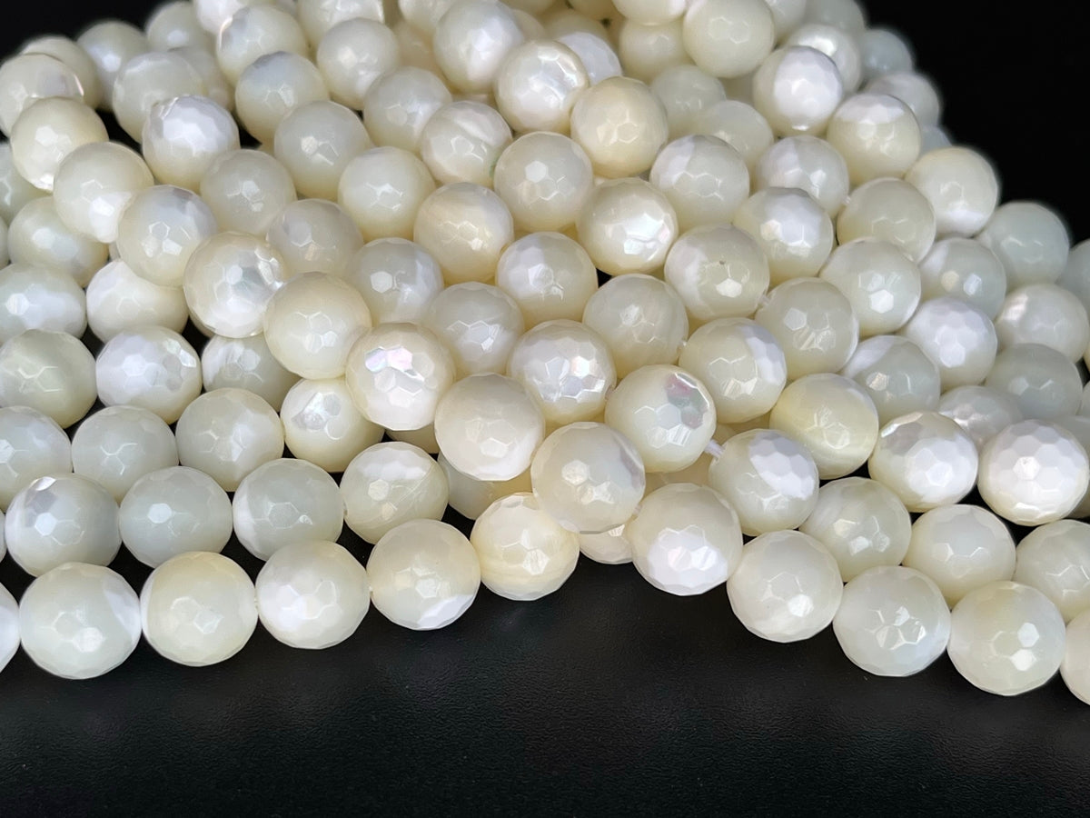 15.5" 10mm Natural white MOP round faceted beads ,mother of pearl 128F