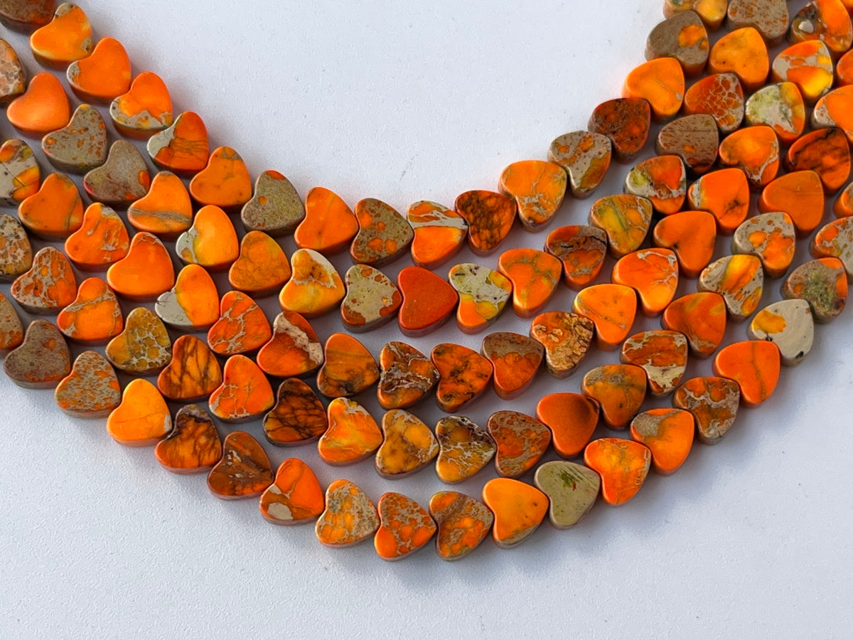 15.5" 6mm Orange Sea Sediment heart beads, emperor jasper heart