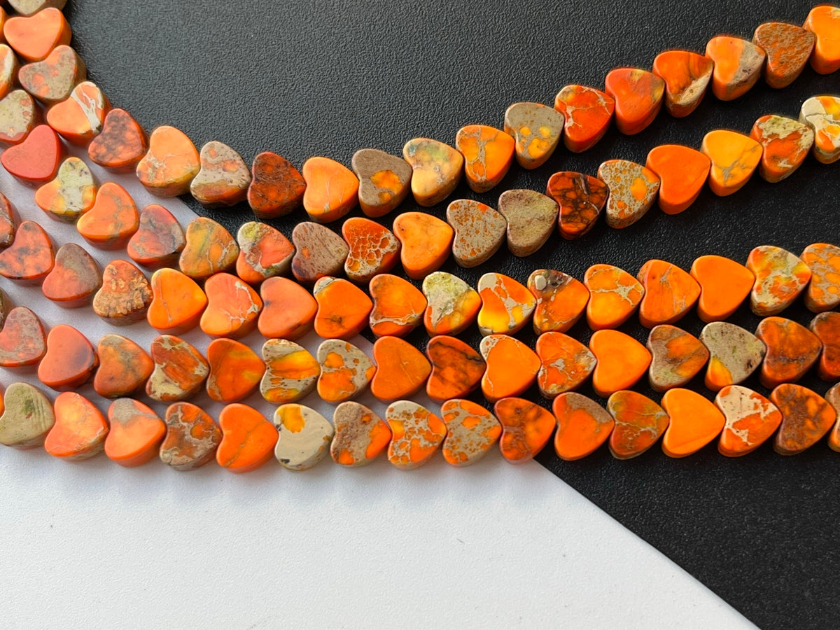 15.5" 6mm Orange Sea Sediment heart beads, emperor jasper heart