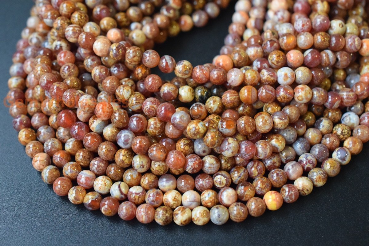 15" 8mm Dream Fire agate Red yellow brown multi color round beads
