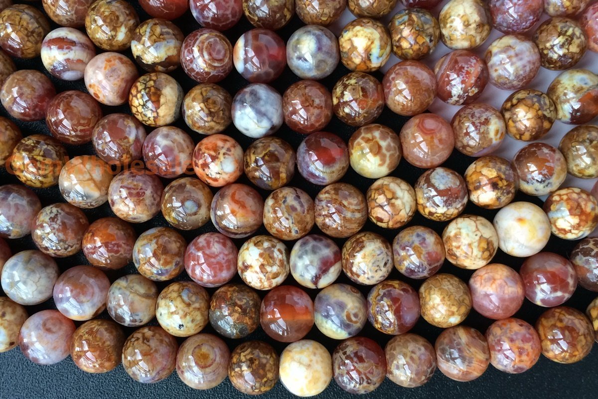 15" 8mm Dream Fire agate Red yellow brown multi color round beads