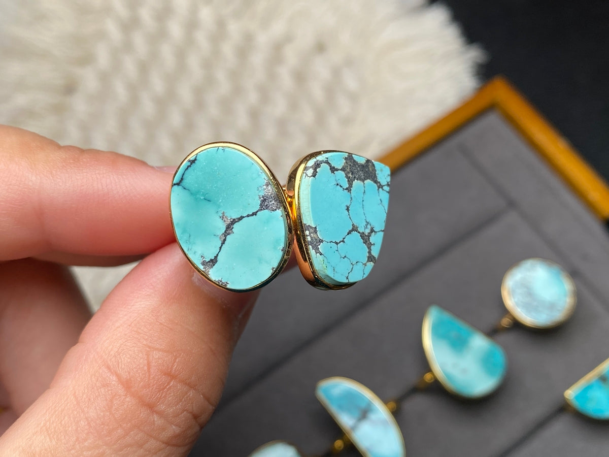 14K gold plated Natural genuine HuBei turquoise stone ring