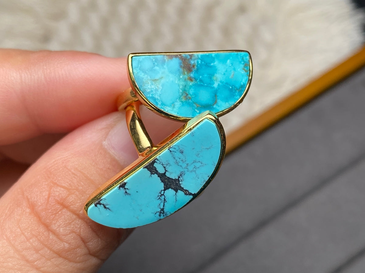 14K gold plated Natural genuine HuBei turquoise stone ring