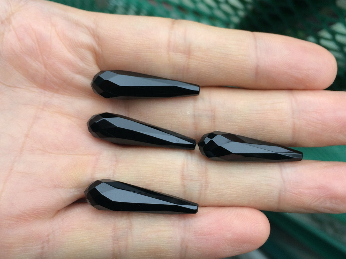 1Pair 8x30mm black agate/onyx fceted teardrop beads, half drilled