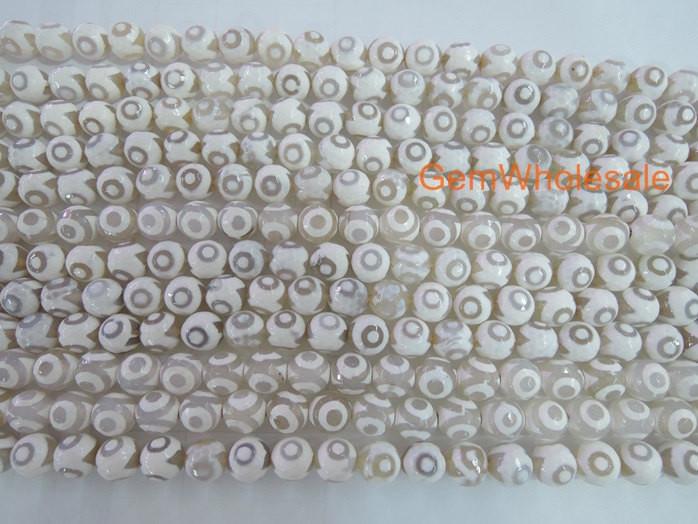 14.5" White tibetan Dzi agate 8mm/10mm/12mm/14mm round faceted beads, eye